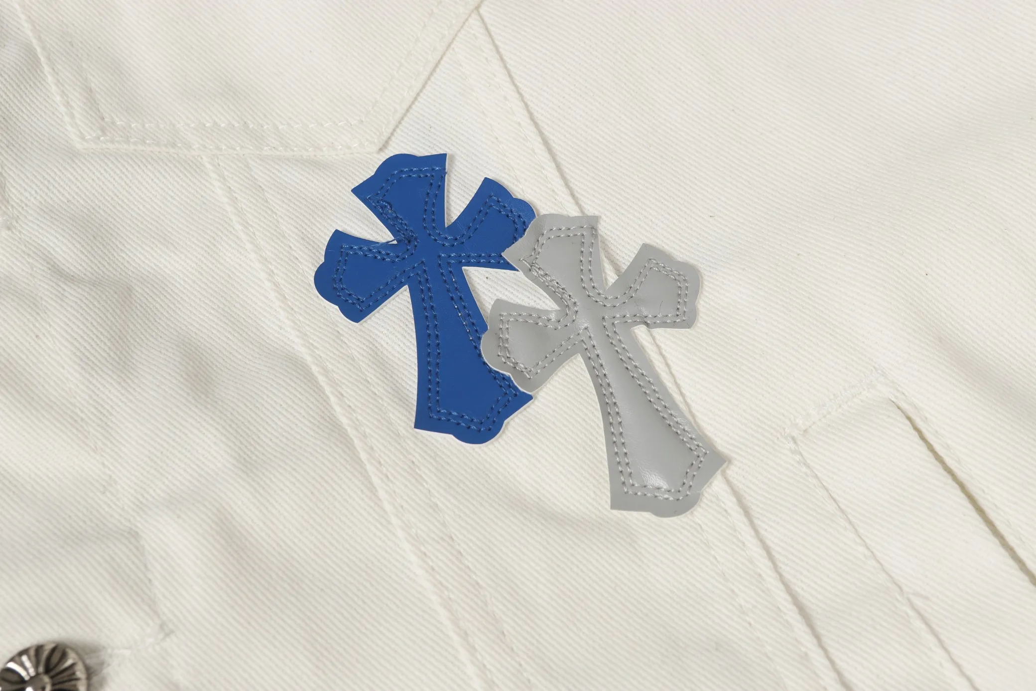 P360 Chrome Hearts 25ss patchwork leather cross patchwork embroidered shirt denim jacket Color: Picture color Size: M-3XL